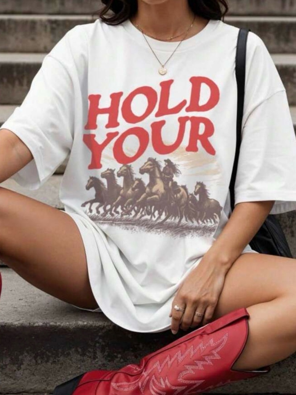 SHEIN White Tank Top with Red 'HOLD YOUR HORSES' Graphic and Brown Horse Print